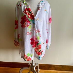 John Mark Floral  100% Linen Button Down 3/4 Sleeve Top Travel Mature